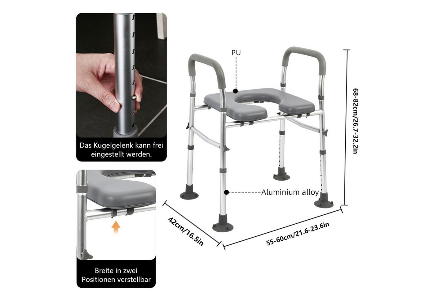 PEALOV WC-Aufstehhilfe Höhenverstellbare WC-Sitzerhöhung für gängige Toiletten, belastbar bis 180 kg, Erhöhter Toilettensitz mit Griffen,Toilettensitzerhöhung mit Armlehnen Bild 4