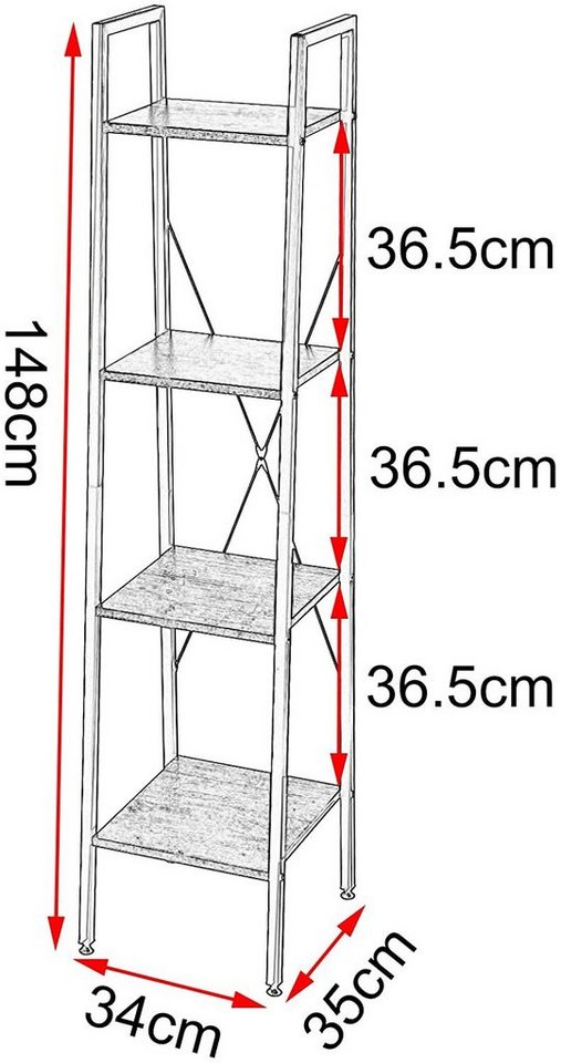 EUGAD Bücherregal, 1-tlg., Leiterregal mit 4 Ebenen, MDF, Metall 34x35x148 cm Bild 2