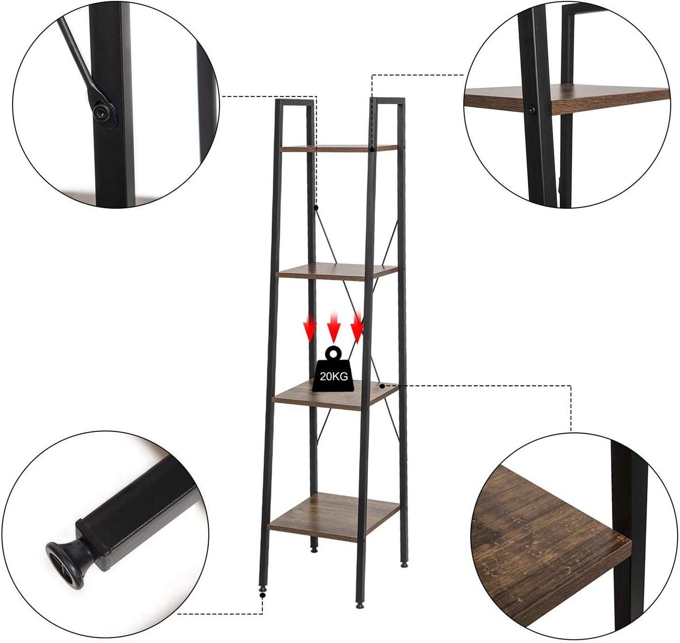 EUGAD Bücherregal, 1-tlg., Leiterregal mit 4 Ebenen, MDF, Metall 34x35x148 cm Bild 3