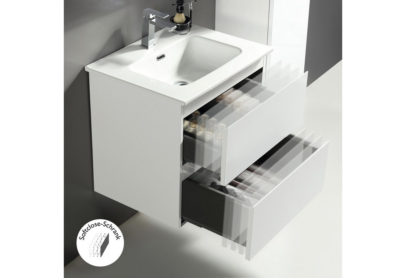 Alpenberger Badmöbel-Set Waschbecken mit Unterschrank 60cm hängend, komplett vormontiert, (Waschtisch mit Waschbecken, Bademöbel Set mit Waschbecken mit Schublade), Badezimmer Moebel Set 2 teilig Bild 5