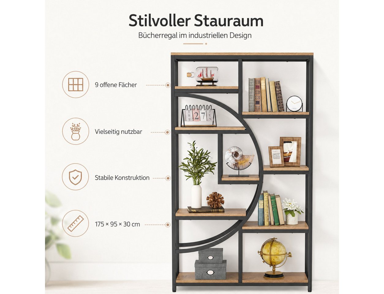 Celya Bücherregal Raumteiler, Standregal mit 9 Ebenen, 175 x 95 x 30 cm Bild 2