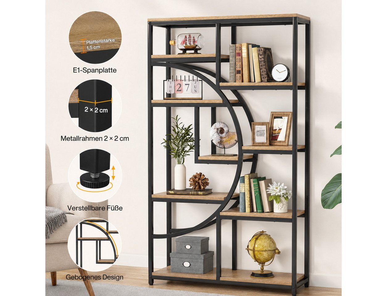 Celya Bücherregal Raumteiler, Standregal mit 9 Ebenen, 175 x 95 x 30 cm Bild 4