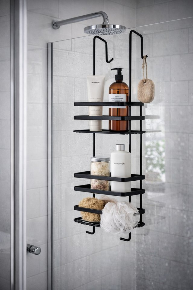 Euroshowers GmbH Duschablage Duschregal zum Einhängen 3 Etagen ohne Bohren matt schwarz mit Haken Bild 2