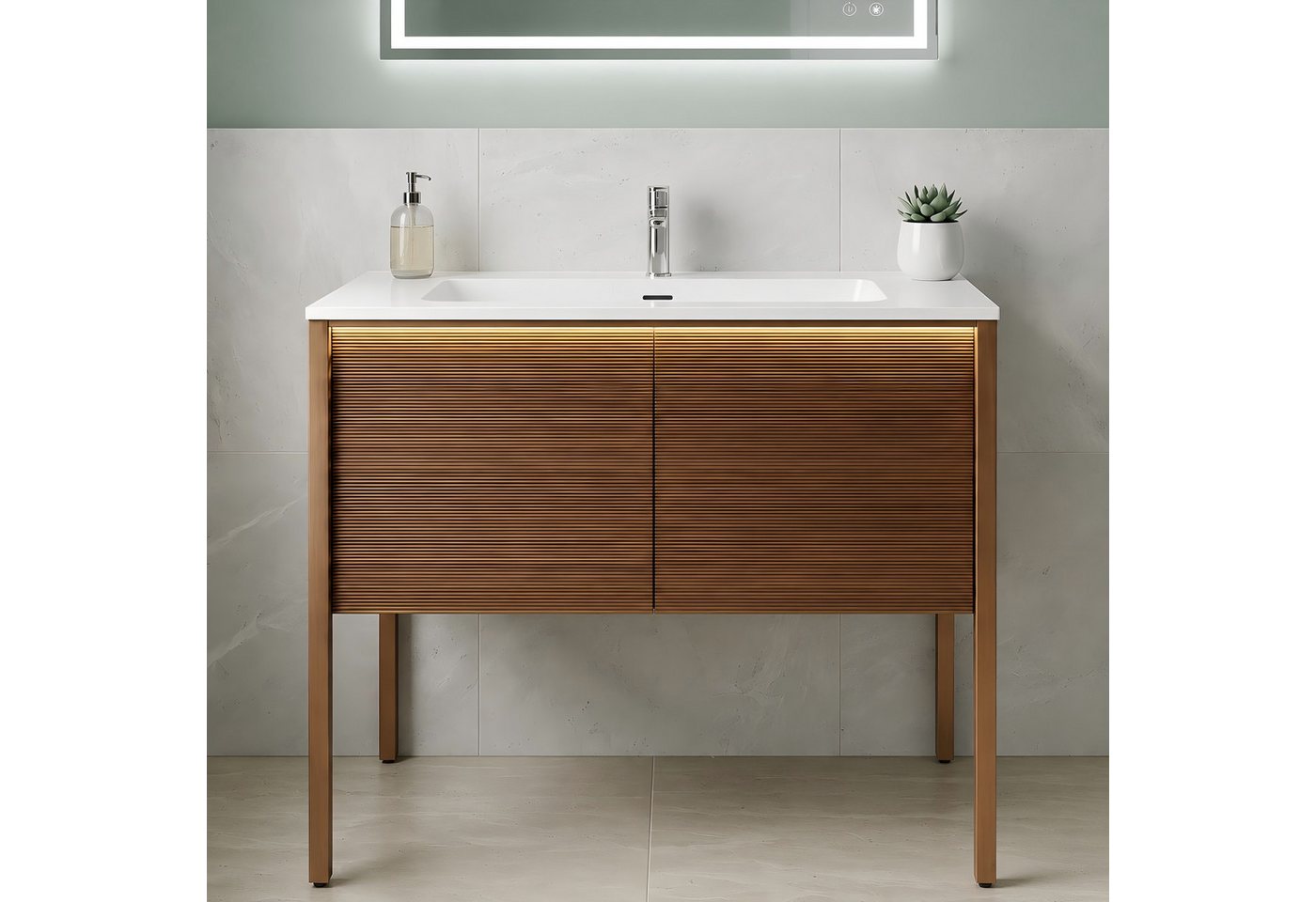 SONNI Waschbeckenschrank Waschbeckenunterschrank mit Sensorleuchte & Waschbecken Holzfarbe mit Gittertür, Breite 89/79cm, mit Sensorleuchte, Naturholz-Optik