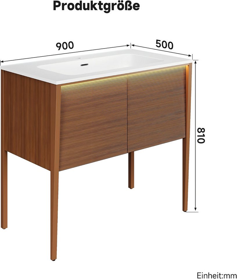 SONNI Waschbeckenschrank Waschbeckenunterschrank mit Sensorleuchte & Waschbecken Holzfarbe mit Gittertür, Breite 89/79cm, mit Sensorleuchte, Naturholz-Optik Bild 3