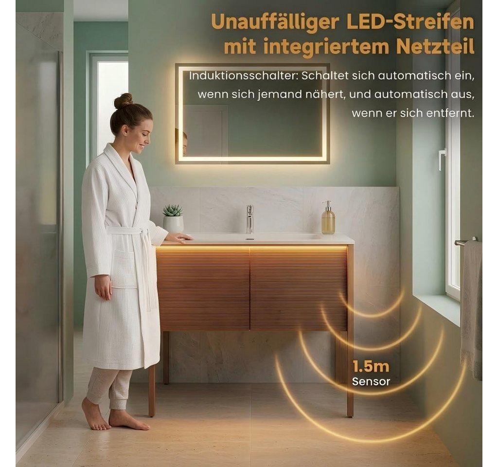 SONNI Waschbeckenschrank Waschbeckenunterschrank mit Sensorleuchte & Waschbecken Holzfarbe mit Gittertür, Breite 89/79cm, mit Sensorleuchte, Naturholz-Optik Bild 5