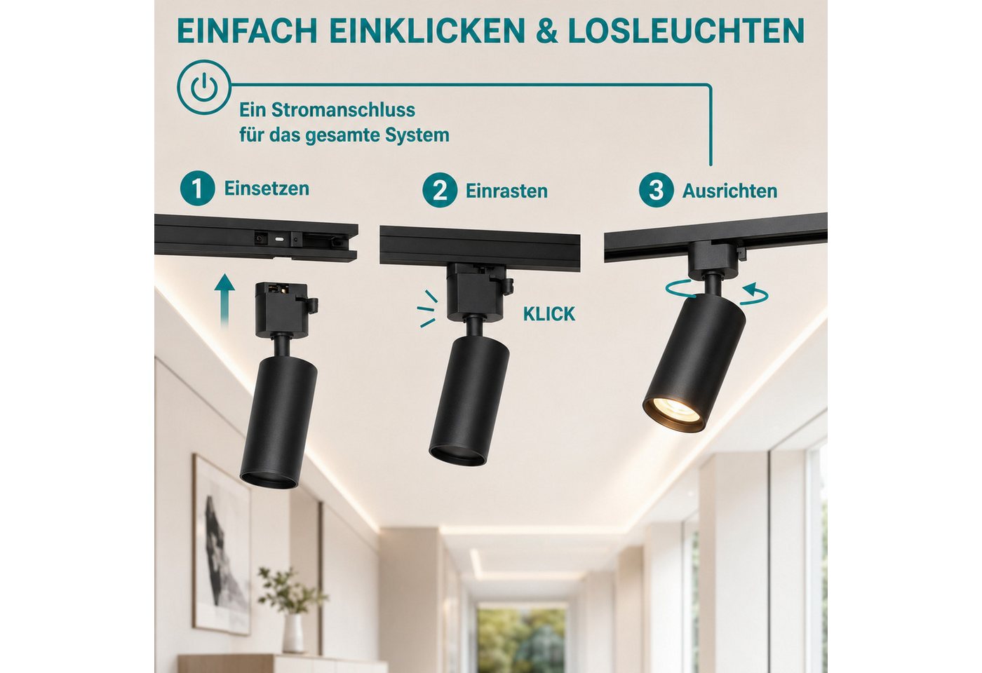 Rosnek Schienensystem-Sets LED Schienensystem 1,5 m mit 4 GU10 Spots, 3000 K, schwarz, 28 W, LED wechselbar, warmweiß, Schienenbeleuchtung 4-flammig, 360° drehbar, 2800 lm, erweiterbar Bild 3