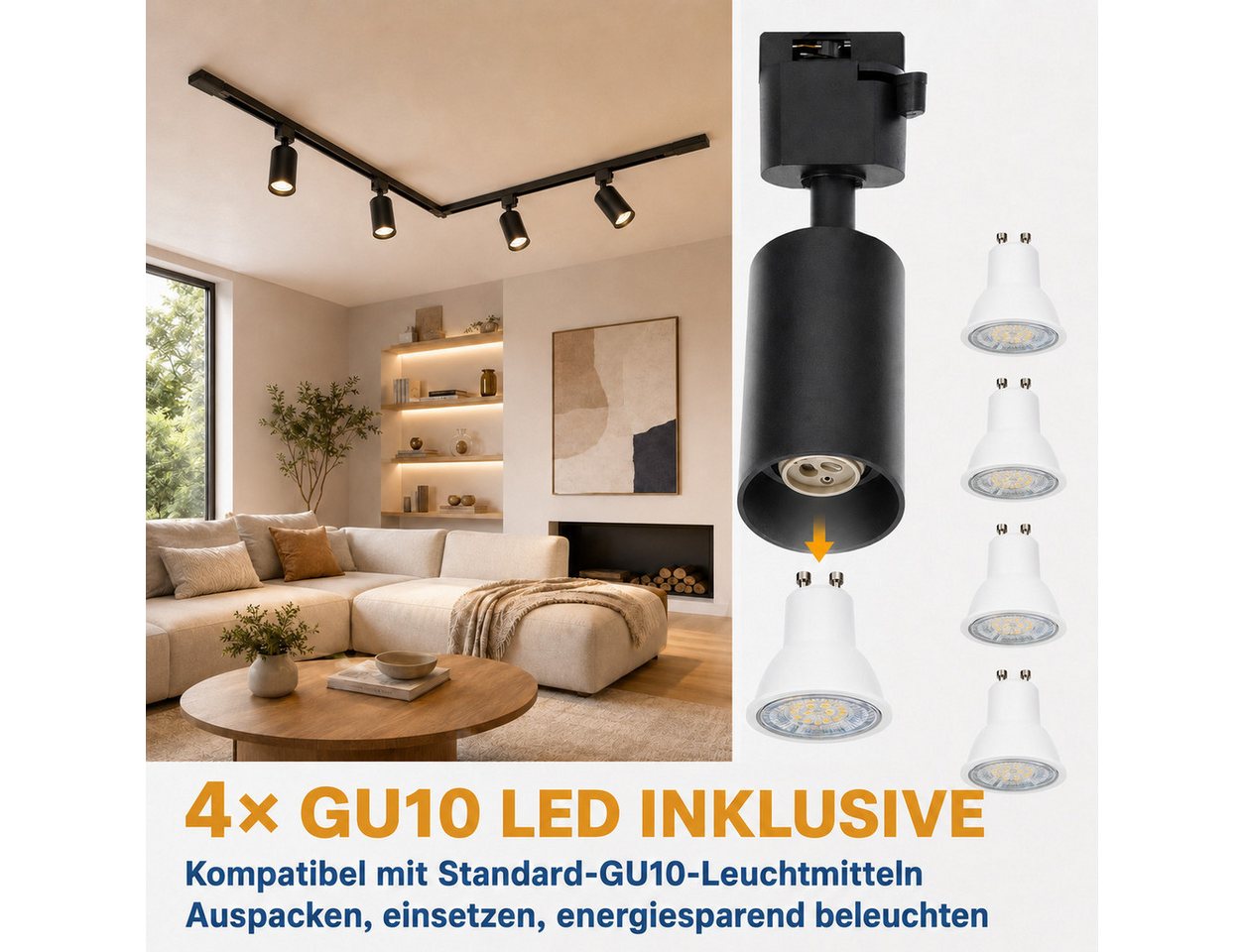 Rosnek Schienensystem-Sets LED Schienensystem 1,5 m mit 4 GU10 Spots, 3000 K, schwarz, 28 W, LED wechselbar, warmweiß, Schienenbeleuchtung 4-flammig, 360° drehbar, 2800 lm, erweiterbar Bild 4