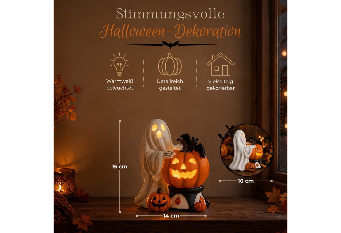 matches21 HOME & HOBBY Dekolicht LED Halloween Dekofigur in 14x15x10 cm - Geist mit Kürbis aus Poly, LED, Warmweiß, LED-Geist - Polyesin - 2×LR44 - kein Timer