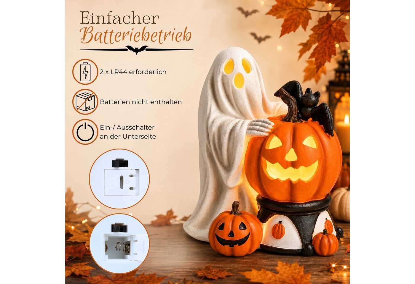 matches21 HOME & HOBBY Dekolicht LED Halloween Dekofigur in 14x15x10 cm - Geist mit Kürbis aus Poly, LED, Warmweiß, LED-Geist - Polyesin - 2×LR44 - kein Timer Bild 2