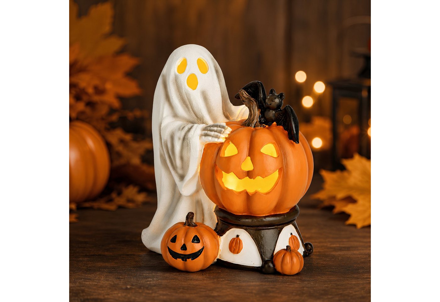 matches21 HOME & HOBBY Dekolicht LED Halloween Dekofigur in 14x15x10 cm - Geist mit Kürbis aus Poly, LED, Warmweiß, LED-Geist - Polyesin - 2×LR44 - kein Timer Bild 3