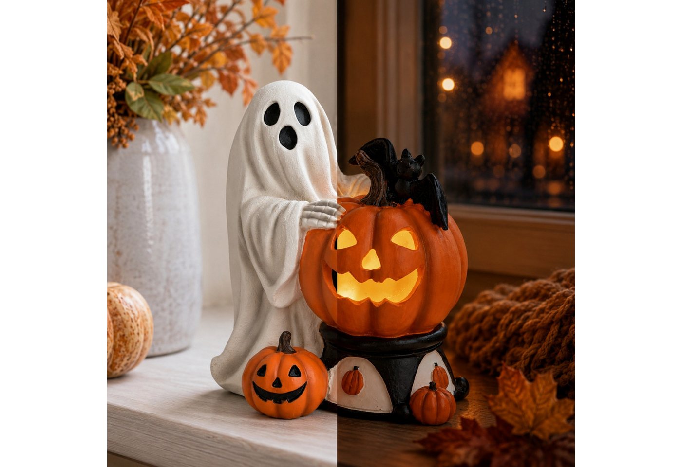 matches21 HOME & HOBBY Dekolicht LED Halloween Dekofigur in 14x15x10 cm - Geist mit Kürbis aus Poly, LED, Warmweiß, LED-Geist - Polyesin - 2×LR44 - kein Timer Bild 4