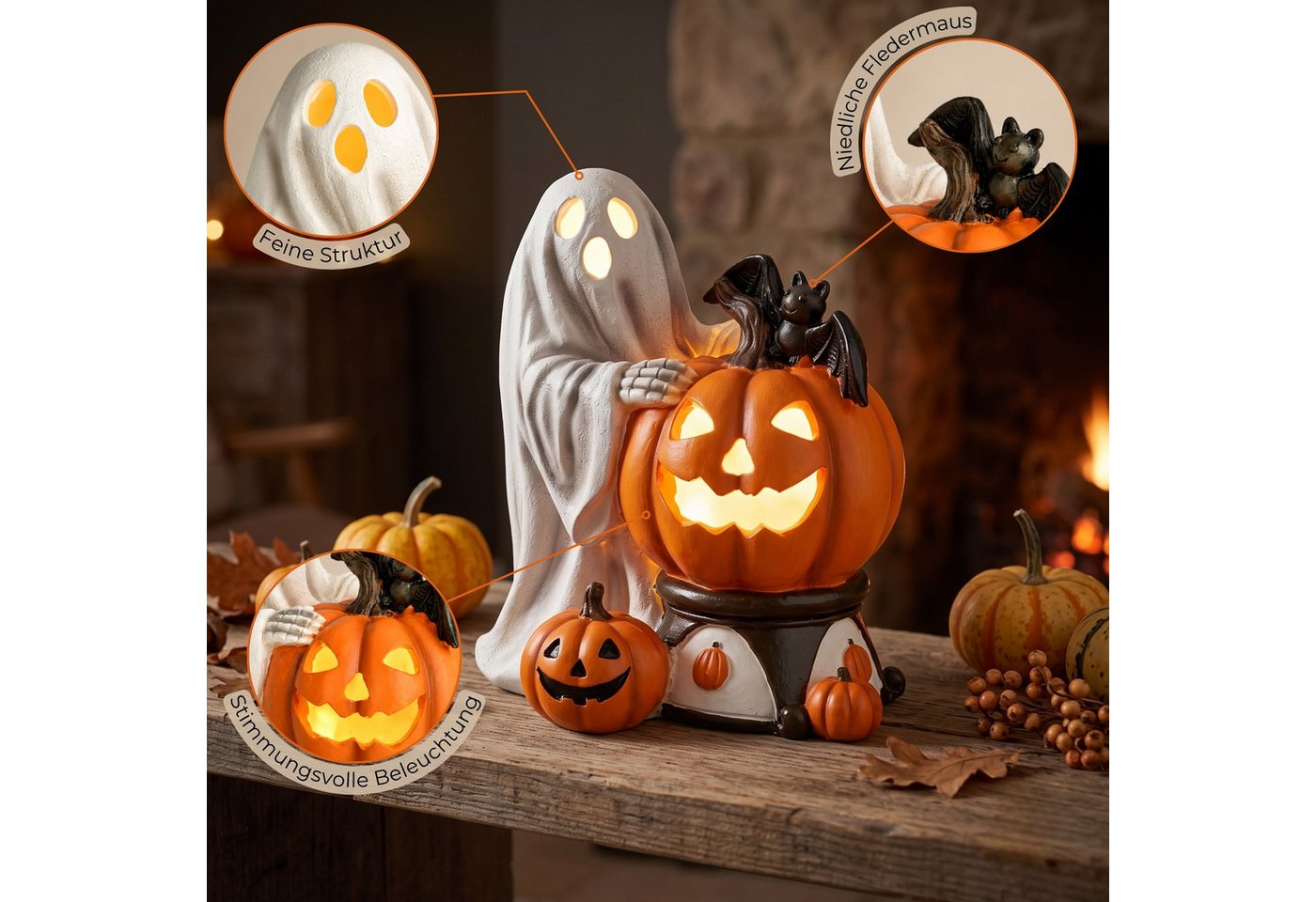 matches21 HOME & HOBBY Dekolicht LED Halloween Dekofigur in 14x15x10 cm - Geist mit Kürbis aus Poly, LED, Warmweiß, LED-Geist - Polyesin - 2×LR44 - kein Timer Bild 5