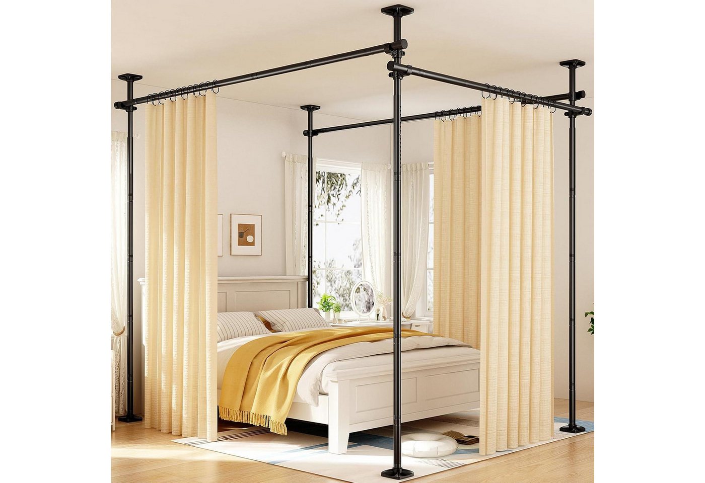 BlingBin Raumteiler Bohrfreier Raumteiler Spannstange, verstellbares Raumtrenn‑Spannsystem, 4‑vertikal 3‑horizontal, ohne Vorhang,Höhe 122‑305 cm,Breite 71‑434 cm 7-tlg., freistehende Sichtschutz Trennwand für Mietwohnung, Homeoffice, Balkon
