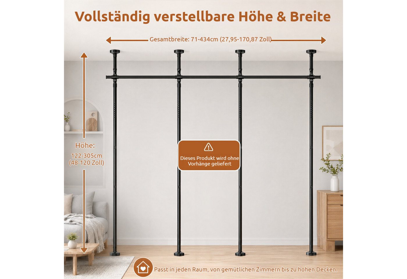 BlingBin Raumteiler Bohrfreier Raumteiler Spannstange, verstellbares Raumtrenn‑Spannsystem, 4‑vertikal 3‑horizontal, ohne Vorhang,Höhe 122‑305 cm,Breite 71‑434 cm 7-tlg., freistehende Sichtschutz Trennwand für Mietwohnung, Homeoffice, Balkon Bild 2