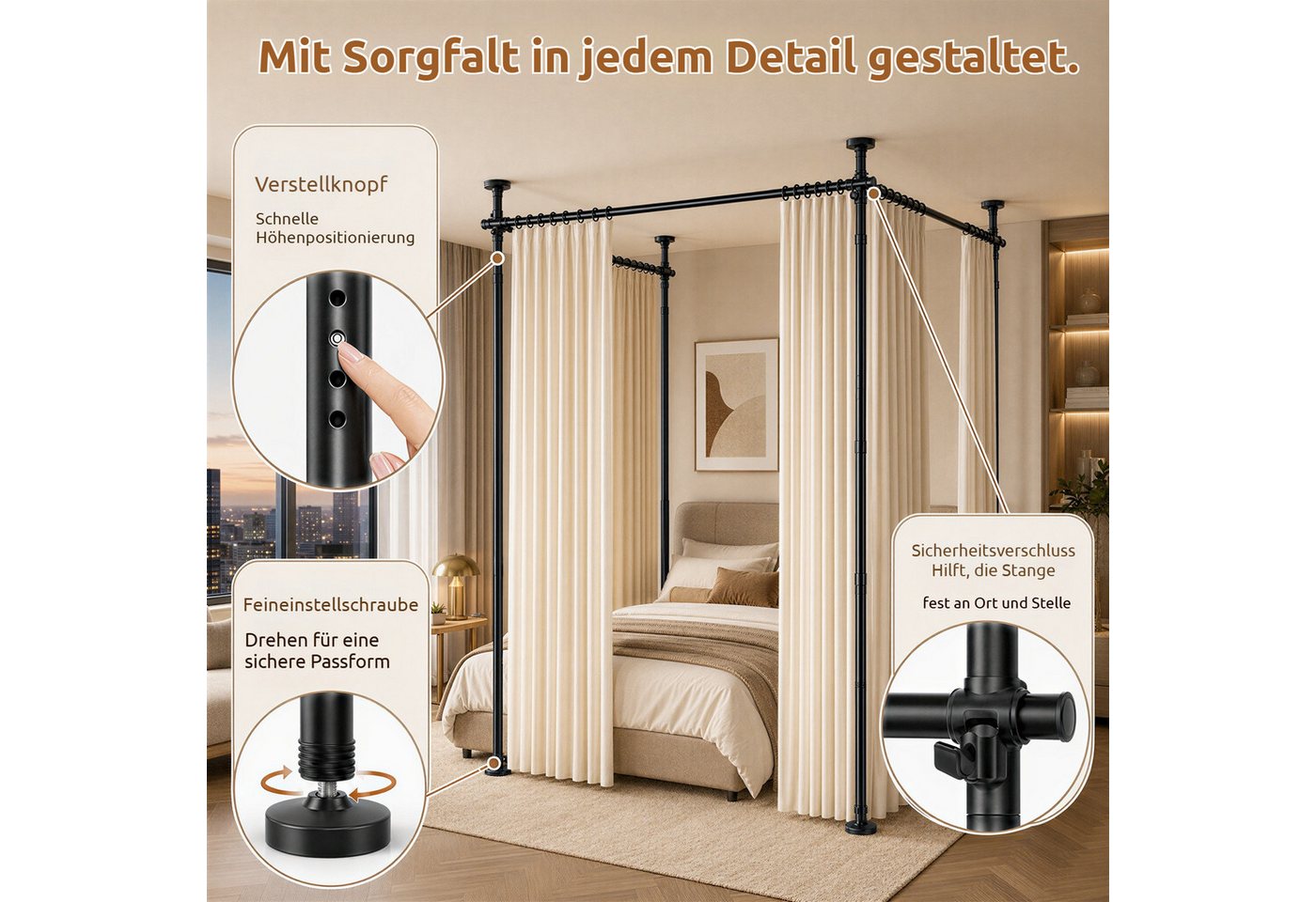 BlingBin Raumteiler Bohrfreier Raumteiler Spannstange, verstellbares Raumtrenn‑Spannsystem, 4‑vertikal 3‑horizontal, ohne Vorhang,Höhe 122‑305 cm,Breite 71‑434 cm 7-tlg., freistehende Sichtschutz Trennwand für Mietwohnung, Homeoffice, Balkon Bild 3