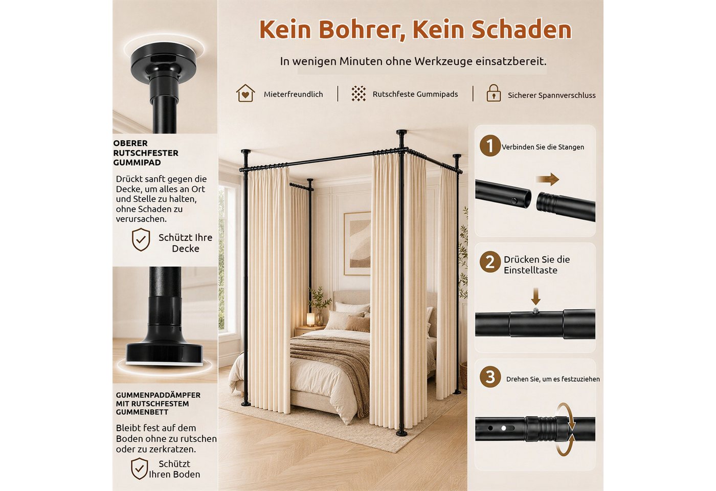 BlingBin Raumteiler Bohrfreier Raumteiler Spannstange, verstellbares Raumtrenn‑Spannsystem, 4‑vertikal 3‑horizontal, ohne Vorhang,Höhe 122‑305 cm,Breite 71‑434 cm 7-tlg., freistehende Sichtschutz Trennwand für Mietwohnung, Homeoffice, Balkon Bild 4