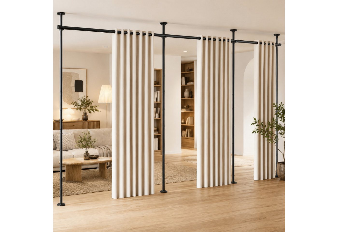 BlingBin Raumteiler Bohrfreier Raumteiler Spannstange, verstellbares Raumtrenn‑Spannsystem, 4‑vertikal 3‑horizontal, ohne Vorhang,Höhe 122‑305 cm,Breite 71‑434 cm 7-tlg., freistehende Sichtschutz Trennwand für Mietwohnung, Homeoffice, Balkon Bild 5