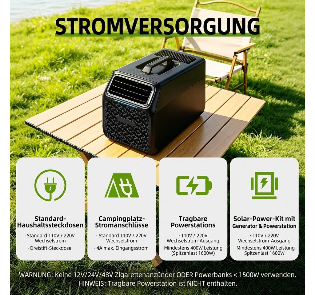 Rolipo Klimagerät Tragbare Camping-Klimaanlage Luftkühler 4-in-1 Klimagerät Wohnmobil, 5000BTU 550W Kühlung/Entfeuchtung/Ventilation/Schlafmodus