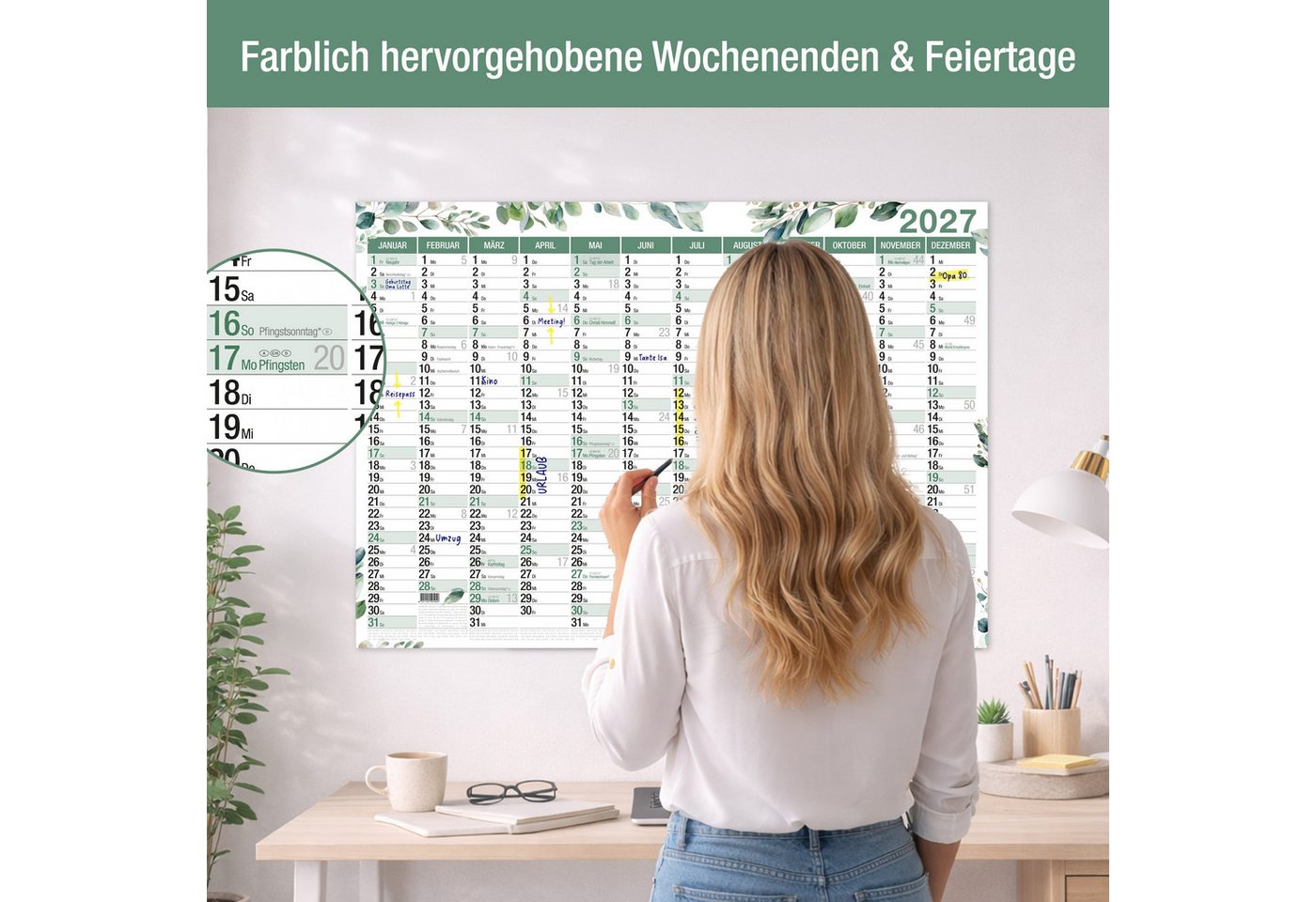 TOBJA Wandkalender Wandkalender 2027 A1 Eukalyptus Design – Großer Wandplaner, Botanical Design, Ferienkalender DE, große Felder