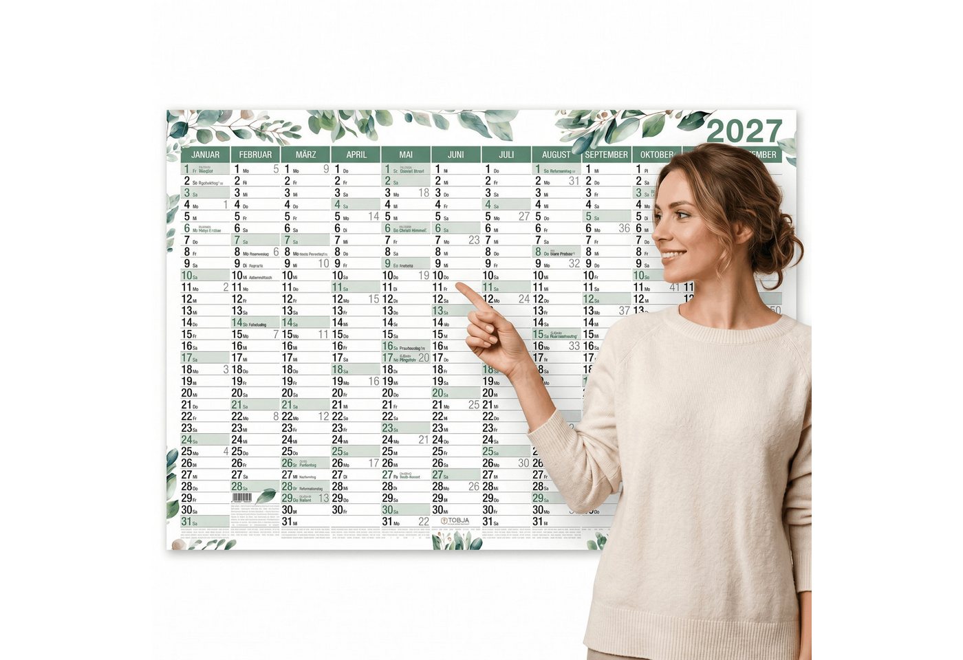 TOBJA Wandkalender Wandkalender 2027 A1 Eukalyptus Design – Großer Wandplaner, Botanical Design, Ferienkalender DE, große Felder Bild 2