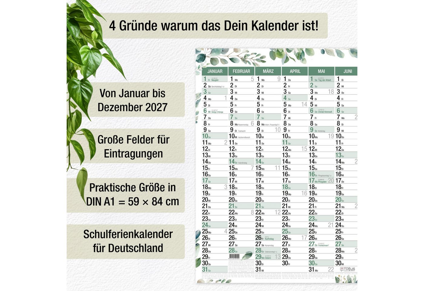 TOBJA Wandkalender Wandkalender 2027 A1 Eukalyptus Design – Großer Wandplaner, Botanical Design, Ferienkalender DE, große Felder Bild 3