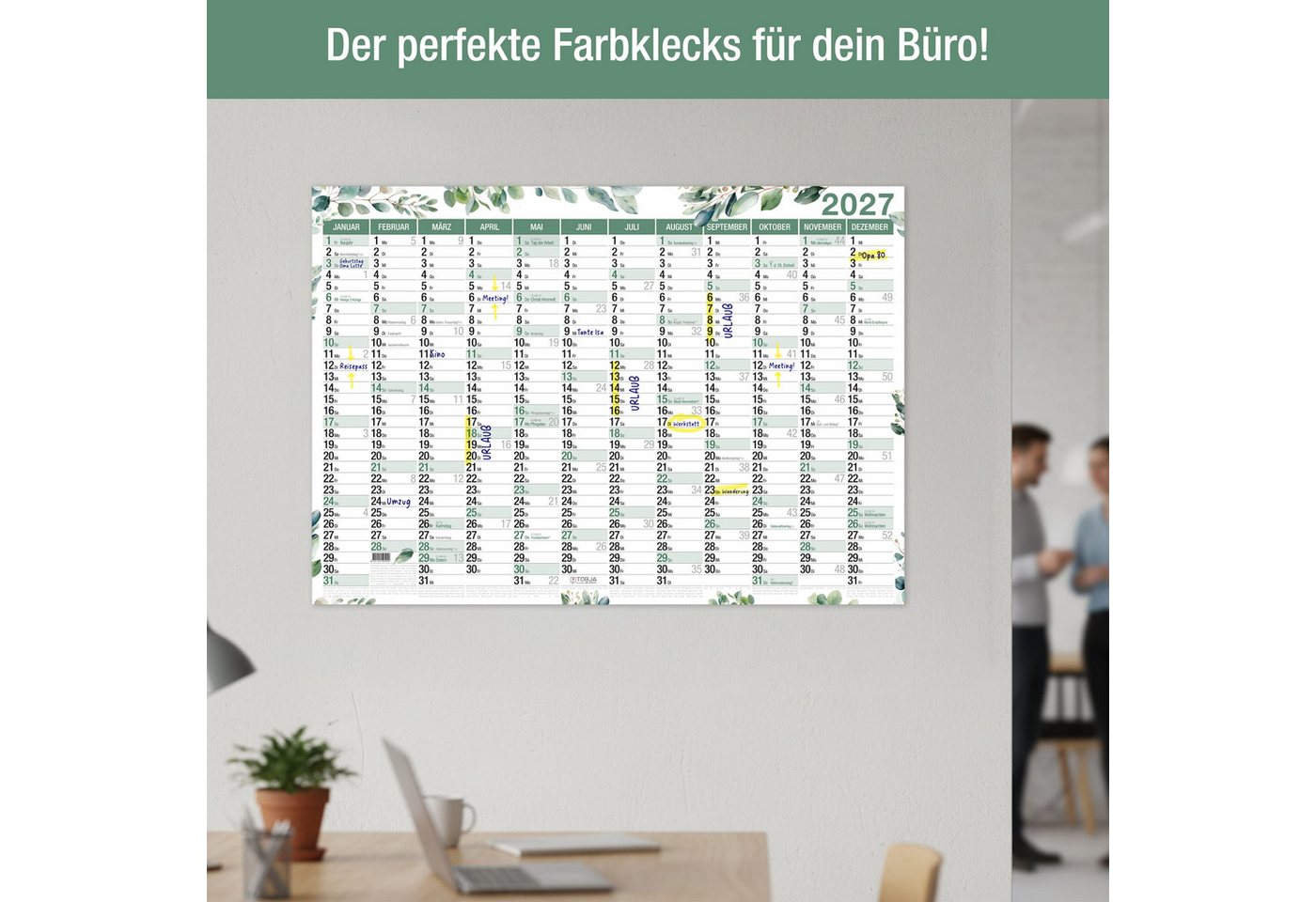 TOBJA Wandkalender Wandkalender 2027 A1 Eukalyptus Design – Großer Wandplaner, Botanical Design, Ferienkalender DE, große Felder Bild 4