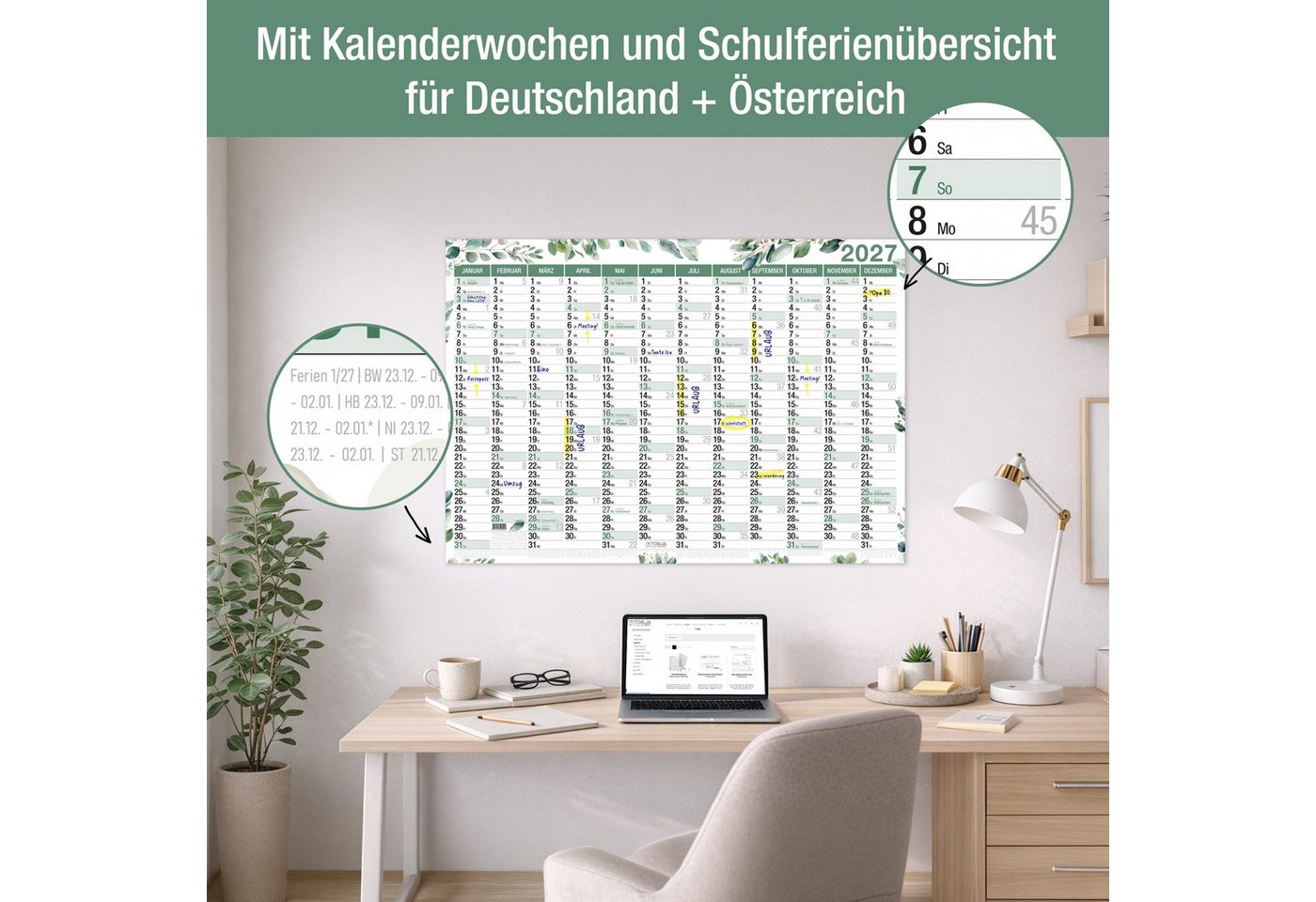 TOBJA Wandkalender Wandkalender 2027 A1 Eukalyptus Design – Großer Wandplaner, Botanical Design, Ferienkalender DE, große Felder Bild 5