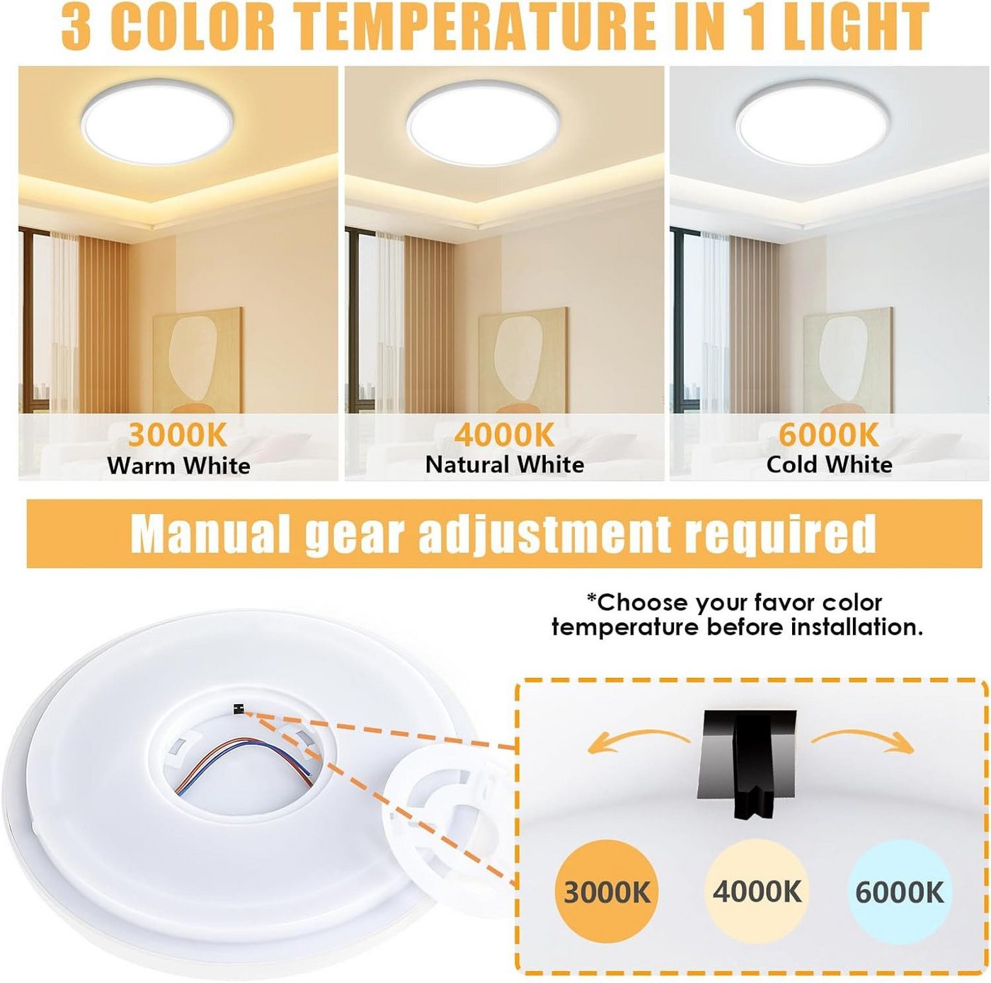 POPOLIC LED Deckenleuchte rund flach Ø30cm, 24W, 3200 Lumen, IP54 spritzwassergeschützt, 3-stufige Farbtemperatur (3000K/4000K/6000K), für Wohnzimmer, Schlafzimmer, Küche, Flur Bild 5