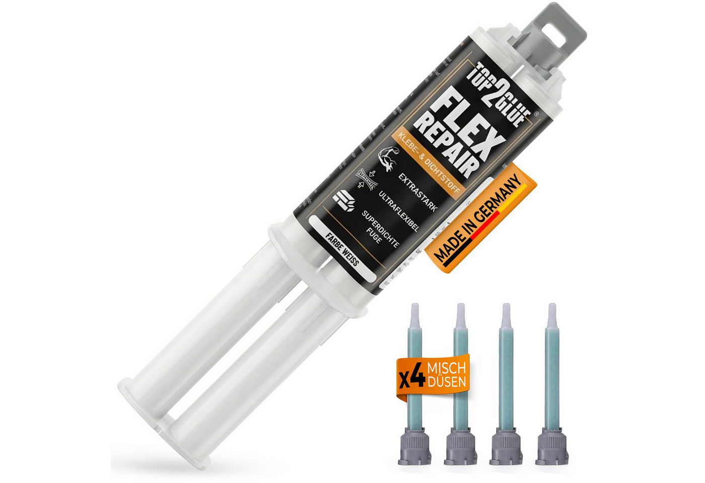 Top2Glue Montagekleber 2K-Kleber Flex Repair 2K MS Polymer, weiß, 35 g mit 4 Mischdüsen