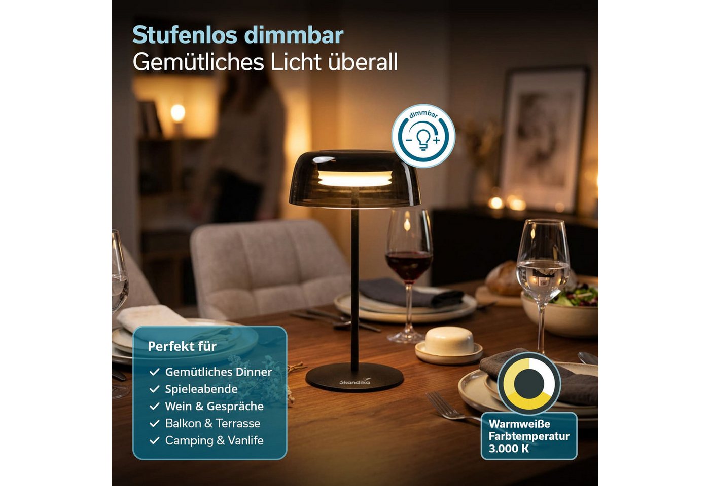 Skandika LED Gartenleuchte Campinglampe Vilja, Tischlampe, Tischleuchte mit Lampenschirm, dimmba, USB C Ladekabel, Standfuß aus Eisen, Abnehmbarer Lampenschirm Bild 5