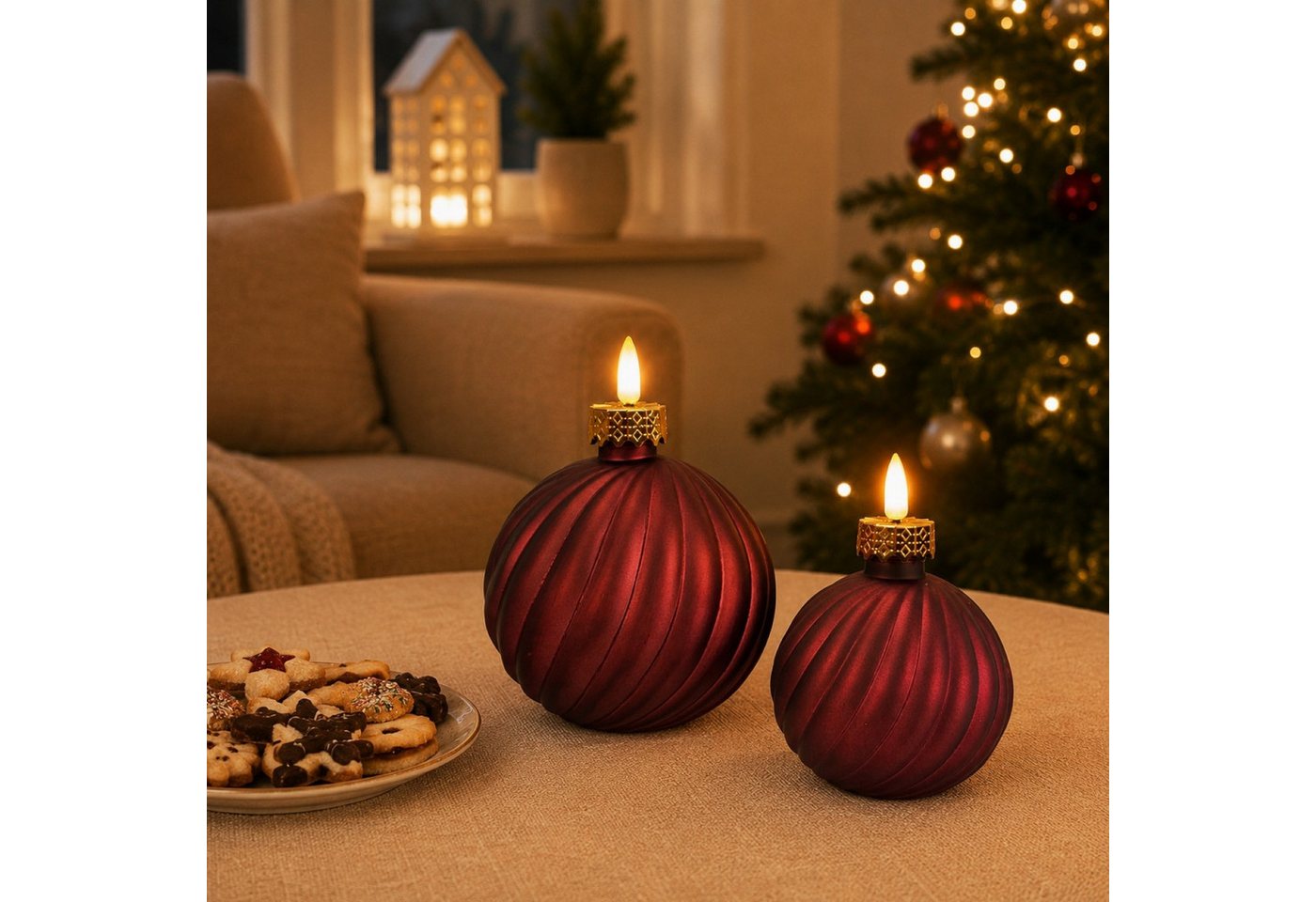 Online-Fuchs LED-Kerze in edler Weihnachtskugelform mit Timer in Purpur Lila - Weihnachtsdeko, realistische Kerzenflamme, warmweiße Beleuchtung, gefertigt aus stabilem Glas mit festlicher Eleganz Bild 2