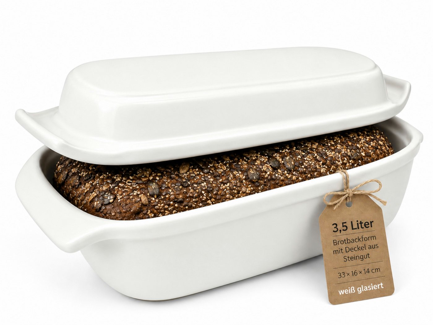KERAZO Brotbackform 3,5L Keramik Bräter mit Deckel Brottopf Auflaufform 33x16x14cm, weiß, Für knuspriges Brot und saftige Ofengerichte Bild 2