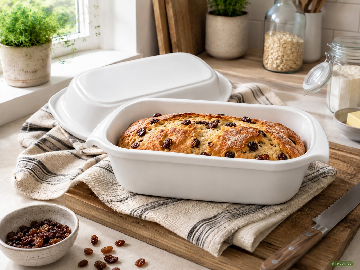 KERAZO Brotbackform 3,5L Keramik Bräter mit Deckel Brottopf Auflaufform 33x16x14cm, weiß, Für knuspriges Brot und saftige Ofengerichte Bild 5