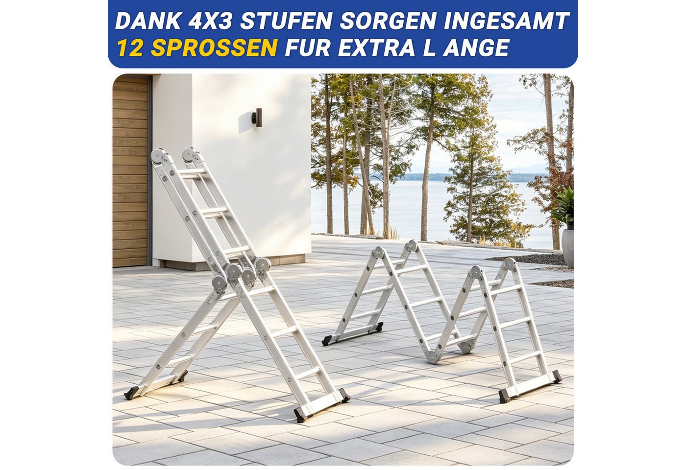 Clanmacy Vielzweckleiter 7 in 1 Multifunktionsleiter Gerüst 356cm Mehrzweckleiter Klappleiter (Multifunktionsleiter, Vielzweckleiter, Gelenkleiter, Universalleiter, 4x3 Sprossen), Mühelose Portabilität Unabhängige Verriegelung Narrensicherer Betrieb Bild 5