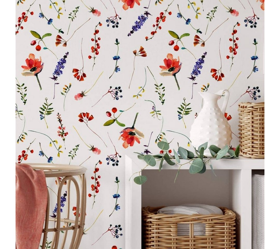 K&L Wall Art Mustertapete Hagebutte Vliestapete Blumen Johannisbeeren Botanik Blüten, Mittsommertag Tapete Bild 2