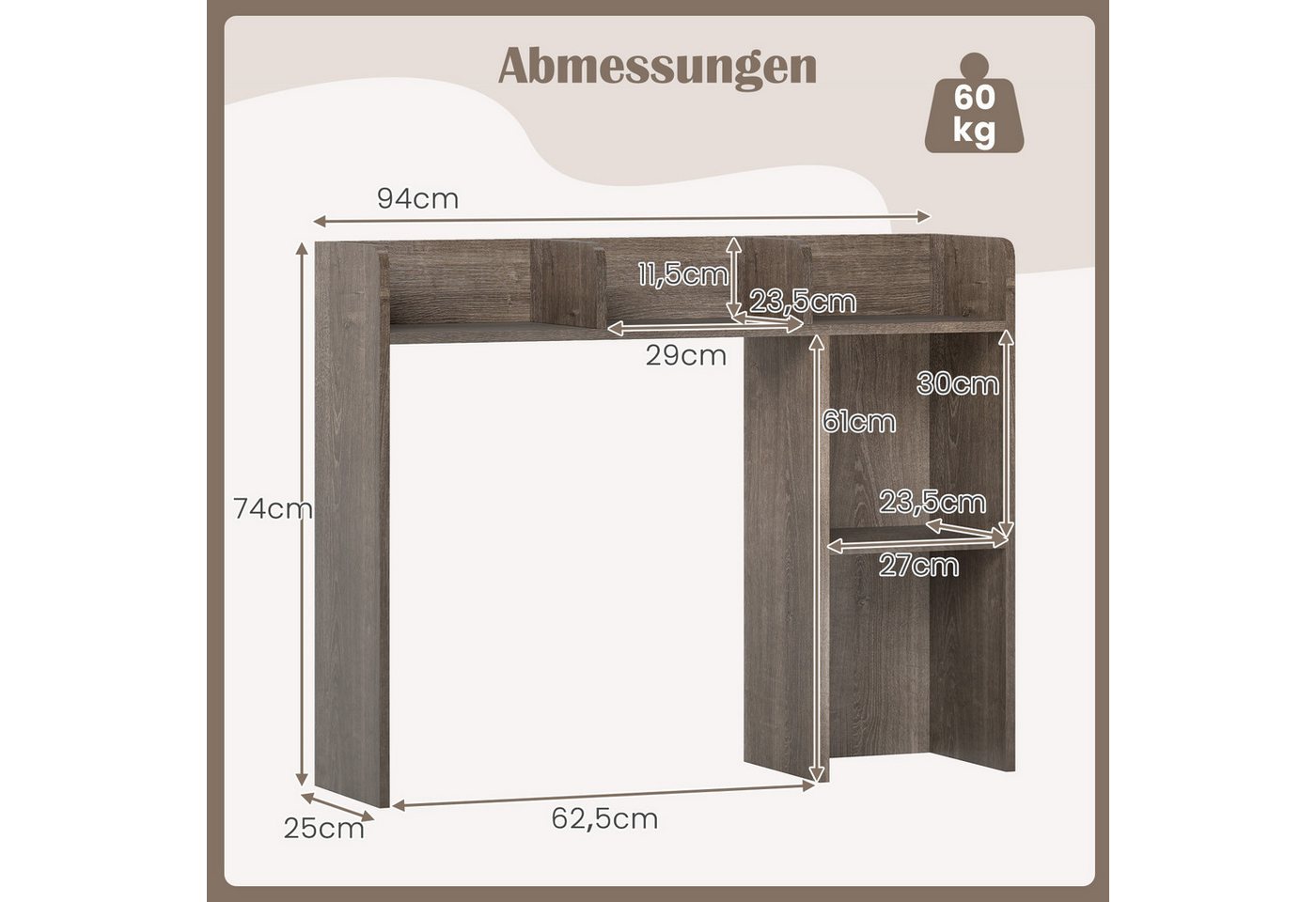 COSTWAY Regal-Schreibtisch, mit 4 Ablagen, offenem Fach, bis 45kg, 94x25x74cm Bild 4