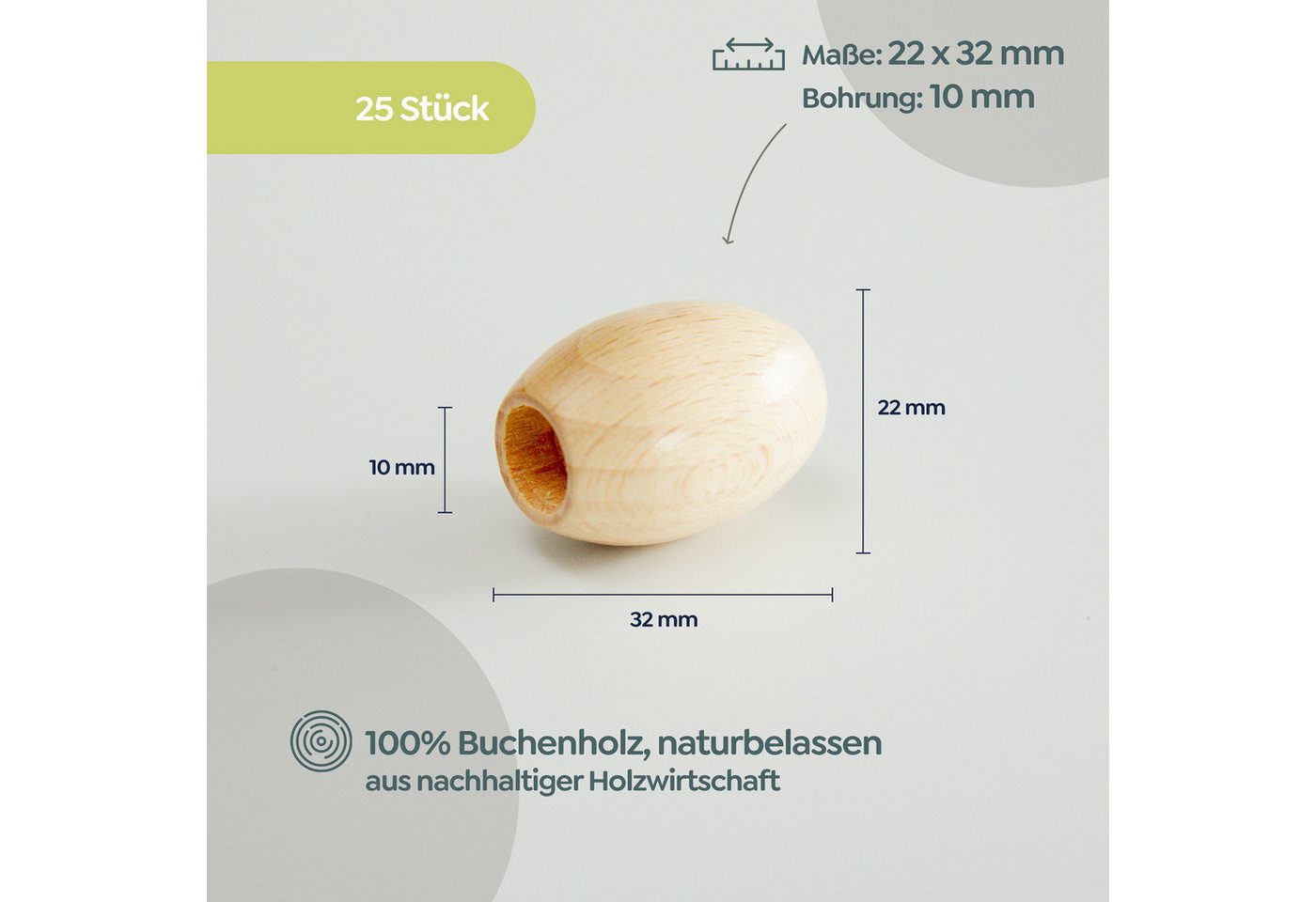 Candini Bastelperlen Holzoliven aus Buchenholz zum basteln & Makramee, 25 Stück, Ø 22x32mm, lackiert
