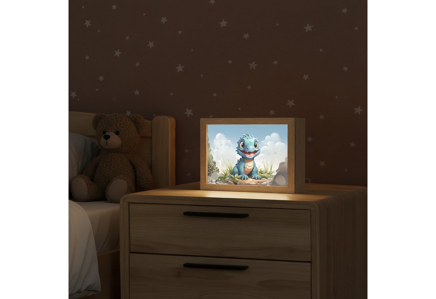 OnlyWow Nachttischlampe Lightbox Drache - Blau - Jungen - Kinder, Dimmbar, Farbwechsel, LED, Warmweiß, Kaltweiß, Neutralweiß Einstellbar, Nachtlicht, Kinder- und Babyzimmer, Dimmbar, mit Kabel, Tischleuchte