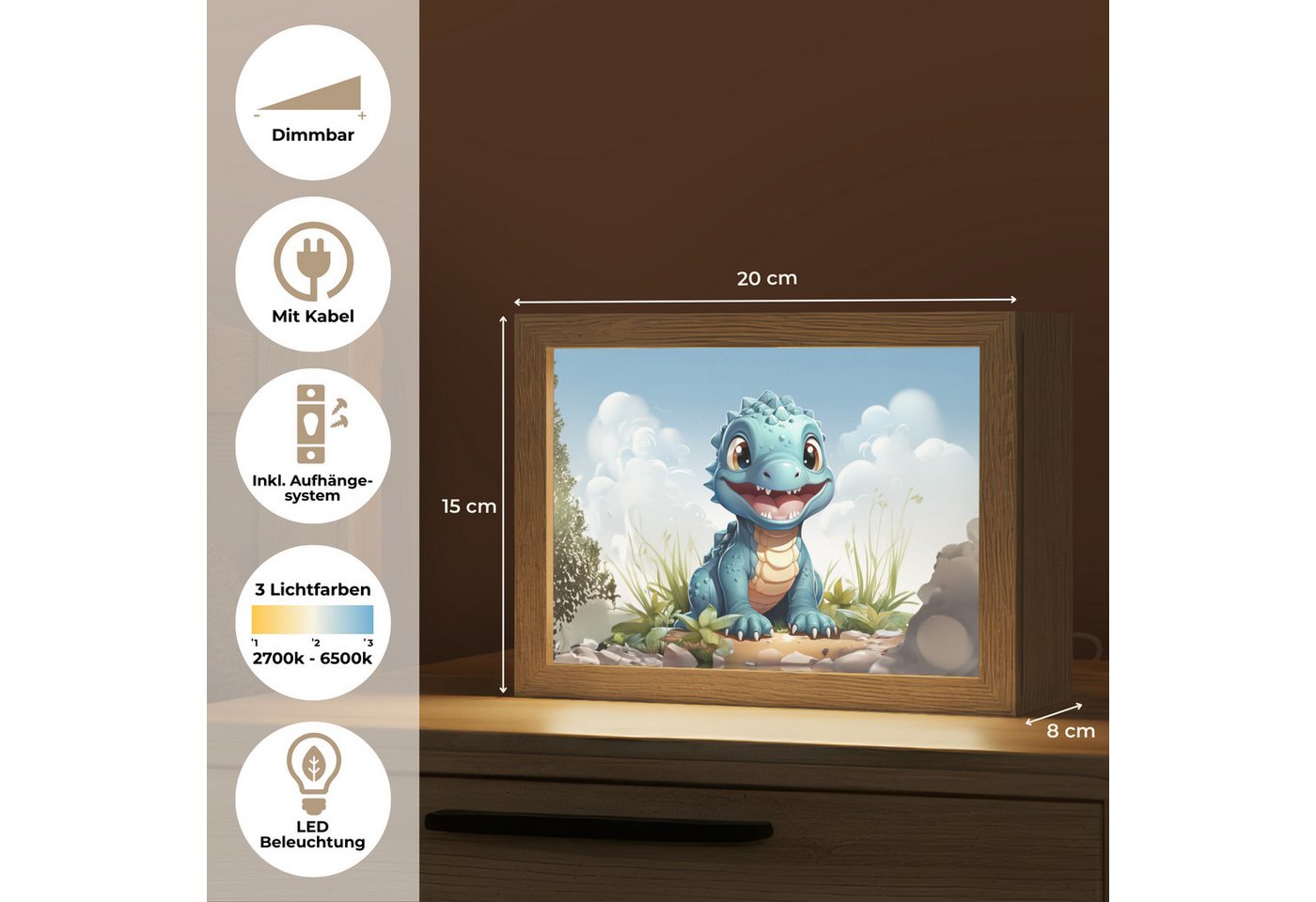 OnlyWow Nachttischlampe Lightbox Drache - Blau - Jungen - Kinder, Dimmbar, Farbwechsel, LED, Warmweiß, Kaltweiß, Neutralweiß Einstellbar, Nachtlicht, Kinder- und Babyzimmer, Dimmbar, mit Kabel, Tischleuchte Bild 4