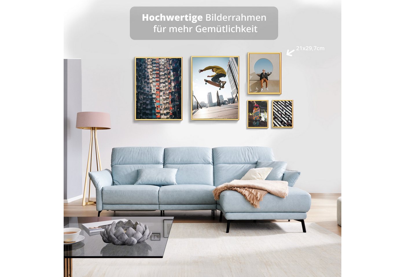 KHG Bilderrahmen 21x30 cm Gold, für 1 Bilder (stabile Glasfront & Kunststoff-Rahmen, 1 St), für Fotos, Poster, Zertifikate & Collagen, Steckanbringung für Hoch- und Querformat