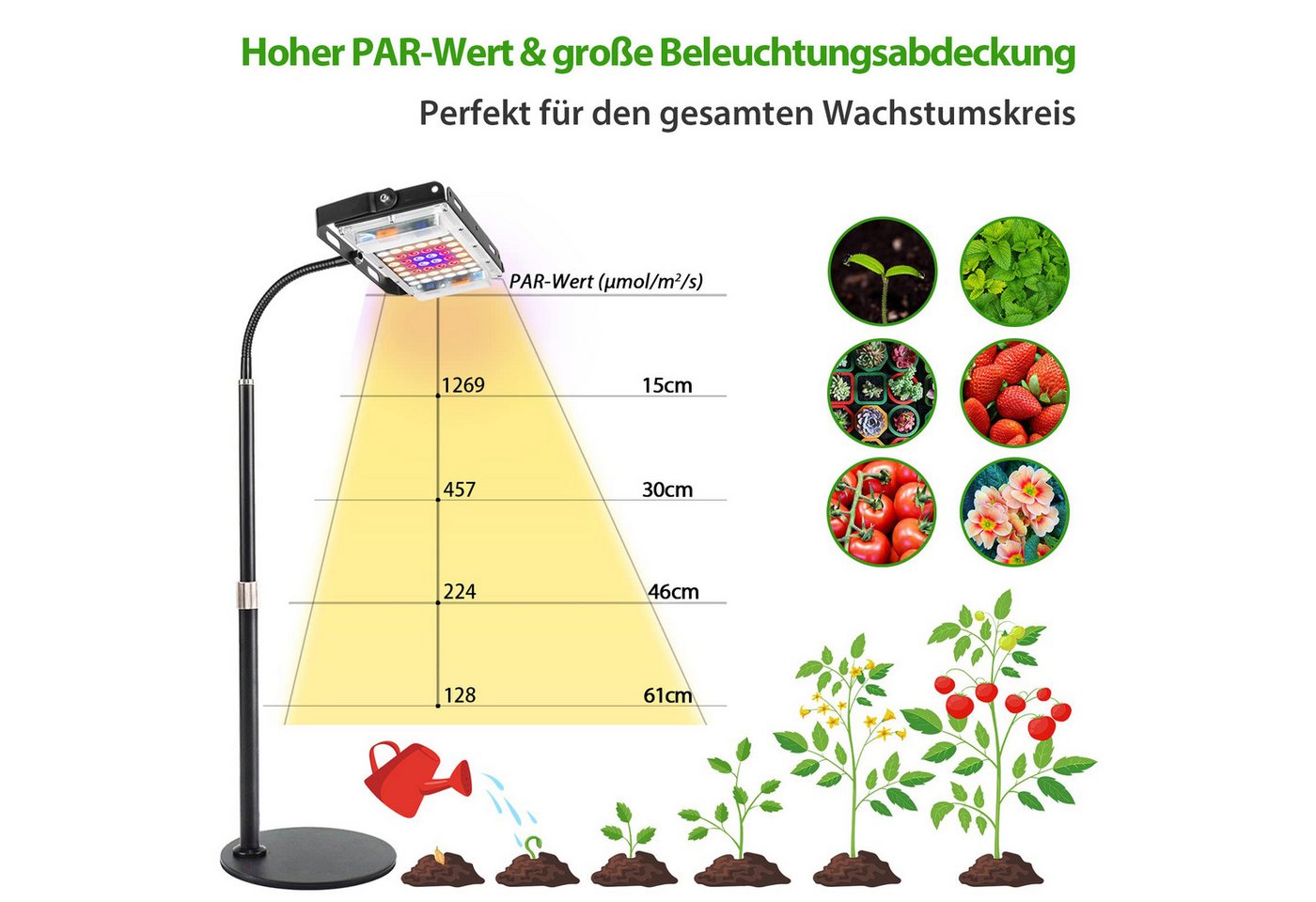 Jibenhome Pflanzenlampe Vollspektrums Pflanzenlicht, Dimmbar Wachstumslicht für Zimmerpflanzen, 3 Kopf, EU-Stecker, Timer 3/6/12h,Höhenverstellbar & 360° Schwanenhals