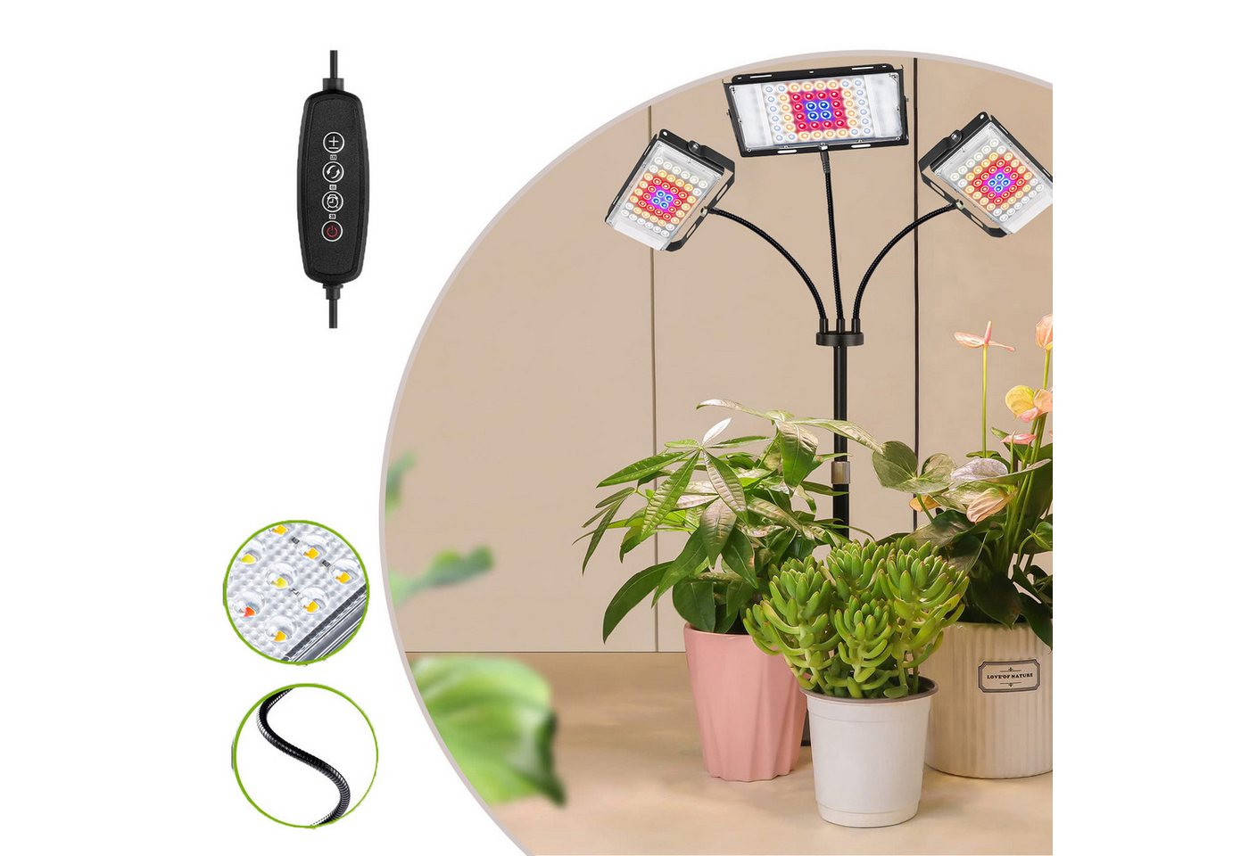 Jibenhome Pflanzenlampe Vollspektrums Pflanzenlicht, Dimmbar Wachstumslicht für Zimmerpflanzen, 3 Kopf, EU-Stecker, Timer 3/6/12h,Höhenverstellbar & 360° Schwanenhals Bild 2