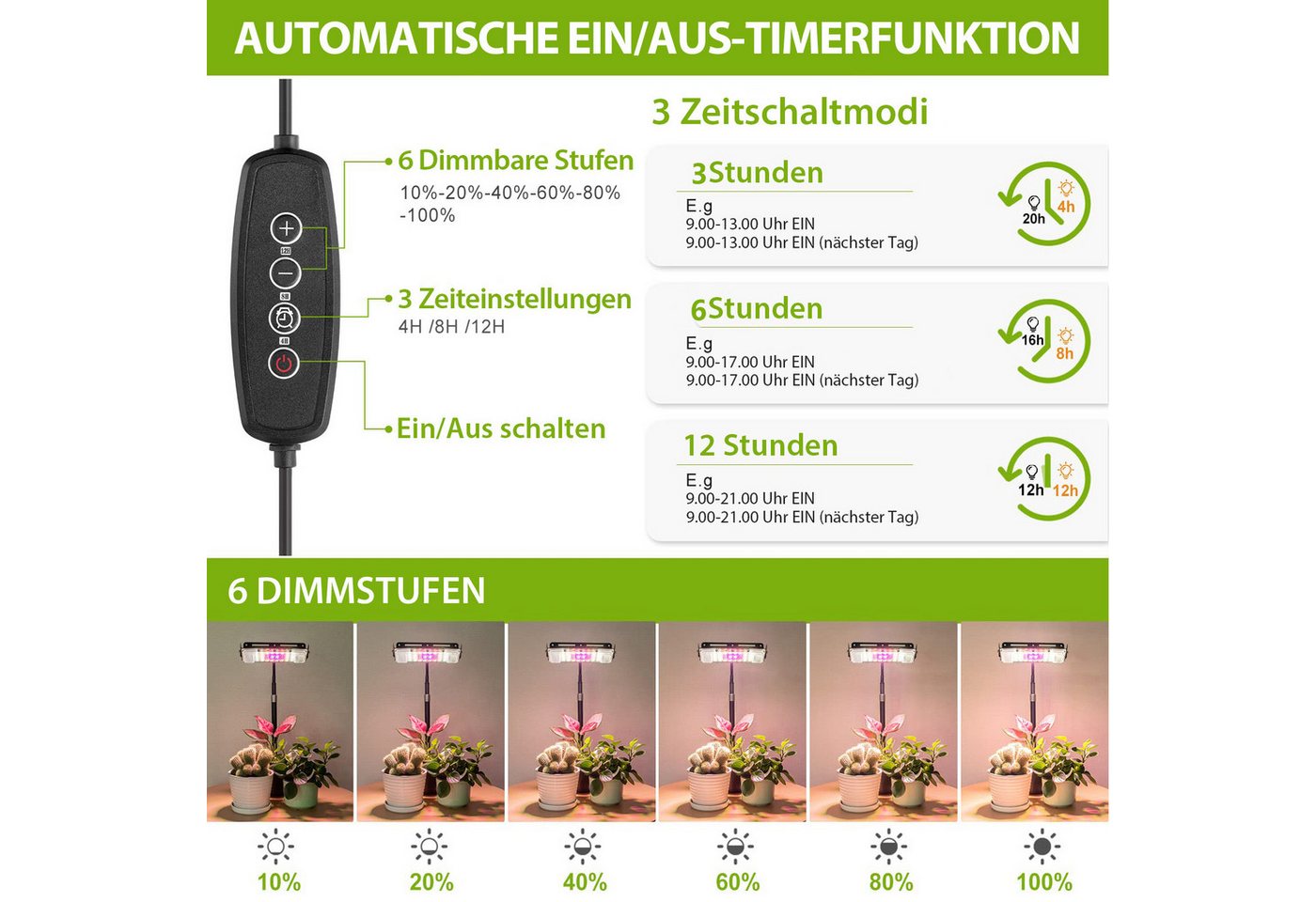 Jibenhome Pflanzenlampe Vollspektrums Pflanzenlicht, Dimmbar Wachstumslicht für Zimmerpflanzen, 3 Kopf, EU-Stecker, Timer 3/6/12h,Höhenverstellbar & 360° Schwanenhals Bild 4