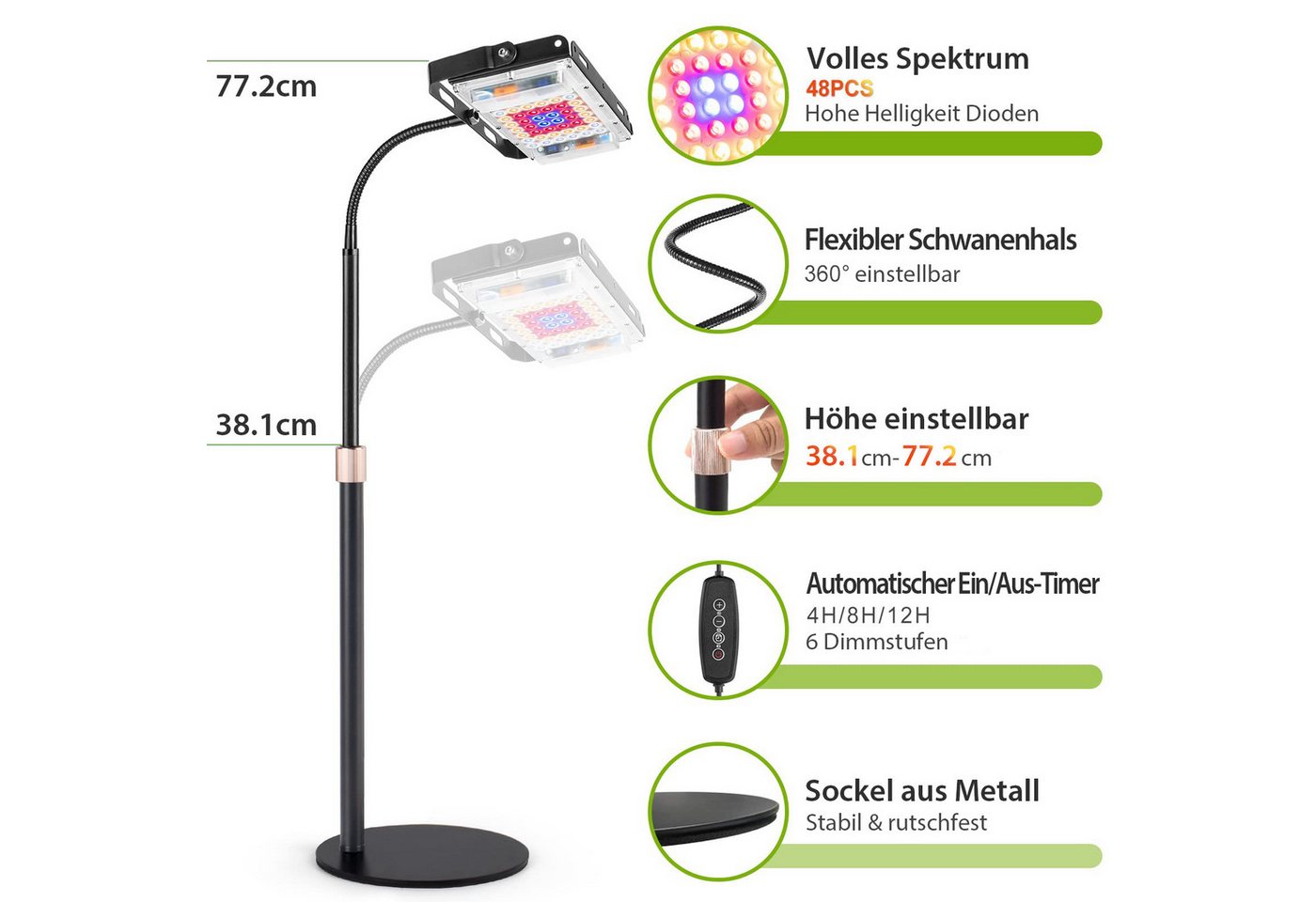 Jibenhome Pflanzenlampe Vollspektrums Pflanzenlicht, Dimmbar Wachstumslicht für Zimmerpflanzen, 3 Kopf, EU-Stecker, Timer 3/6/12h,Höhenverstellbar & 360° Schwanenhals Bild 5