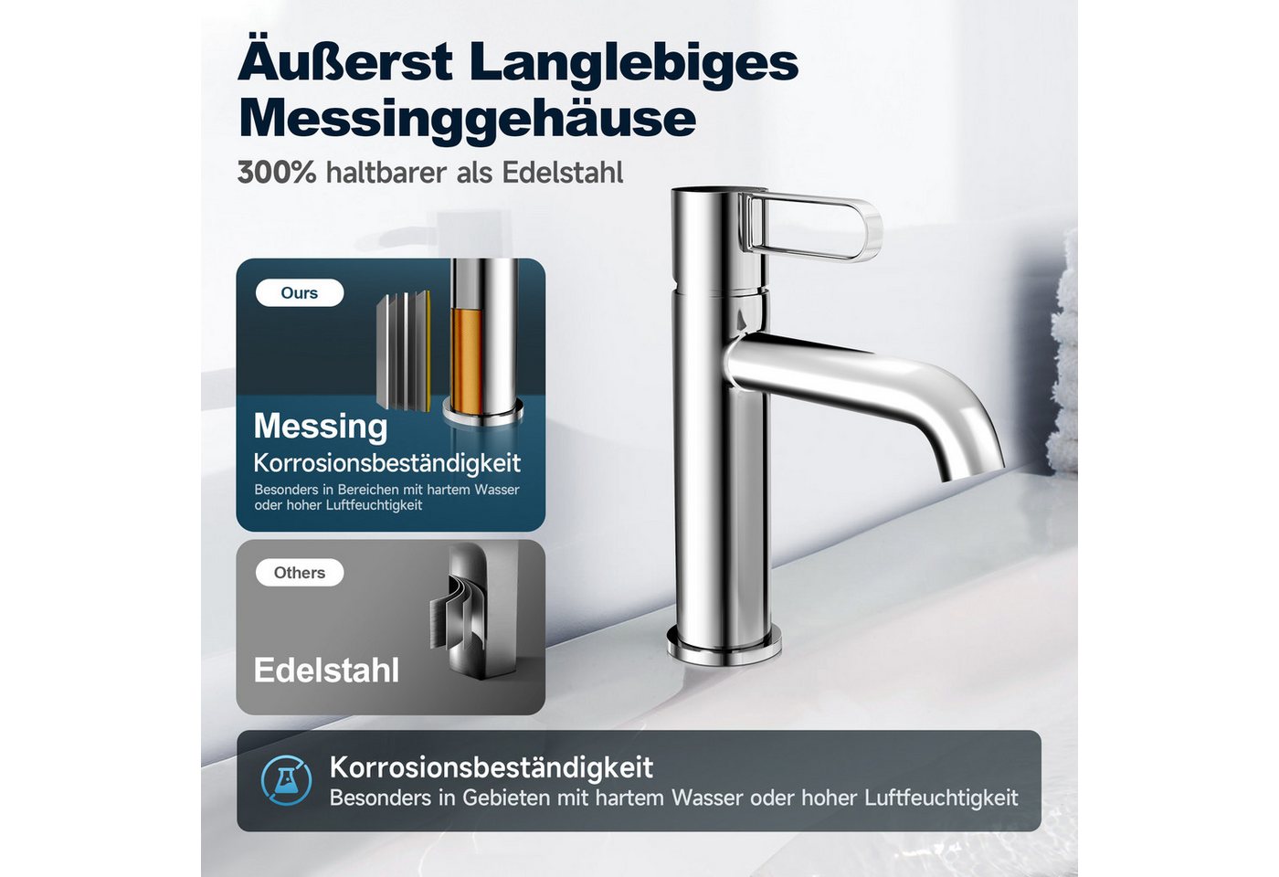 Alphabath Waschtischarmatur (Set, Bad Wasserhahn mit einem 3/8"-Zoll-Kompressionsschläuche) Messinggehäuse Keramikkartusche Einhebelmischer Chrom Badarmatur Bild 3