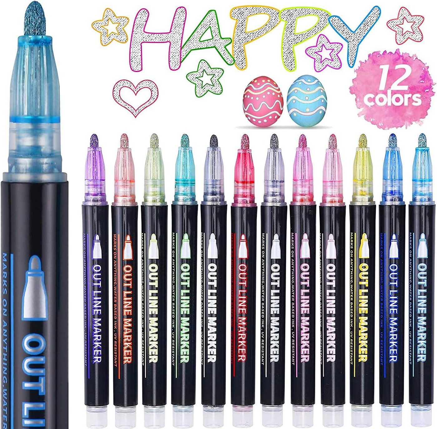 Coonoor Lackmarker Acrylstifte für Steine Wasserfest, Holz Bemalen Acrylstifte, (12-tlg), für Geschenkekarte Basteln Leinwand Papier Glas Weihnachten DIY Bild 4