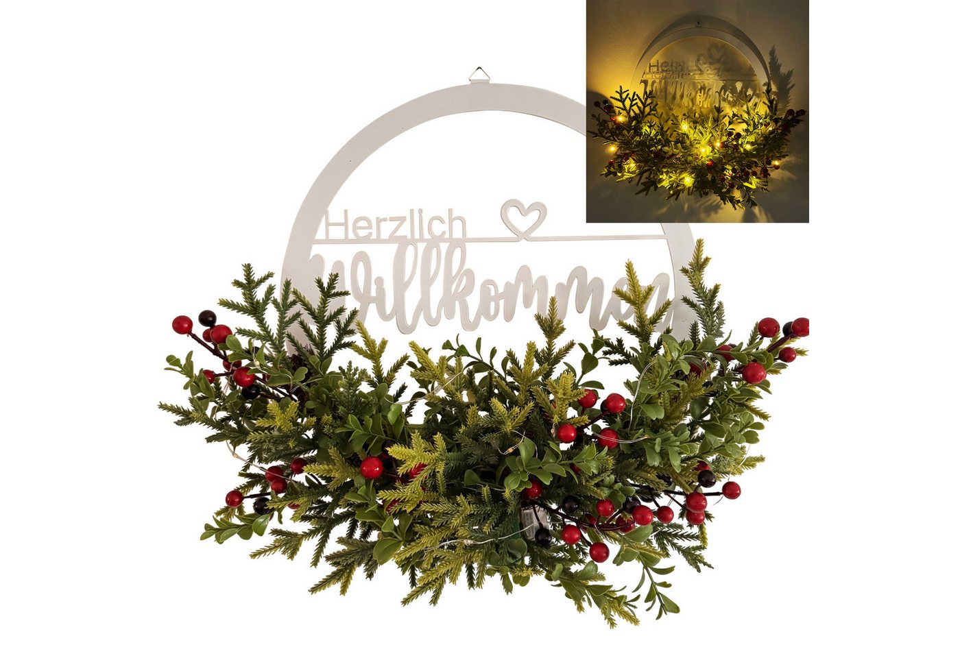 Online-Fuchs Dekokranz - Türkranz mit Tannenzweigen, LED-Lichterkette & Timer - Herbstdeko, mit Schriftzug "Herzlich Willkommen Bild 3