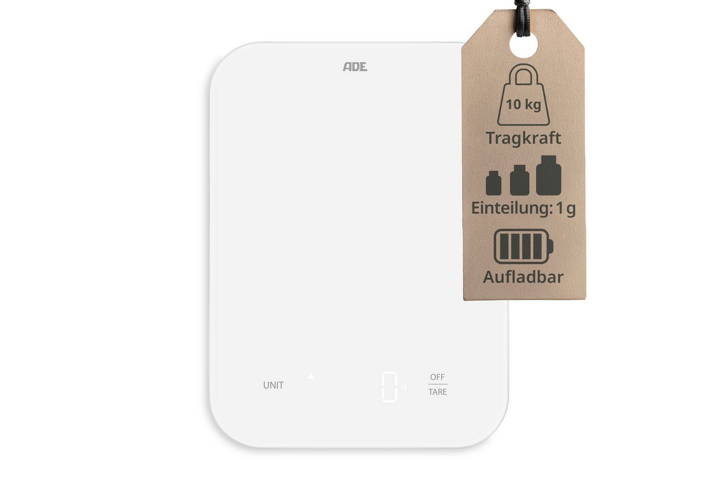 ADE Küchenwaage Digital, aufladbar per USB-C, bis 10 kg auf 1 g genau, aus Glas, Digitalwaage mit Tara-Funktion, beleuchtete Anzeige, in g, ml & oz