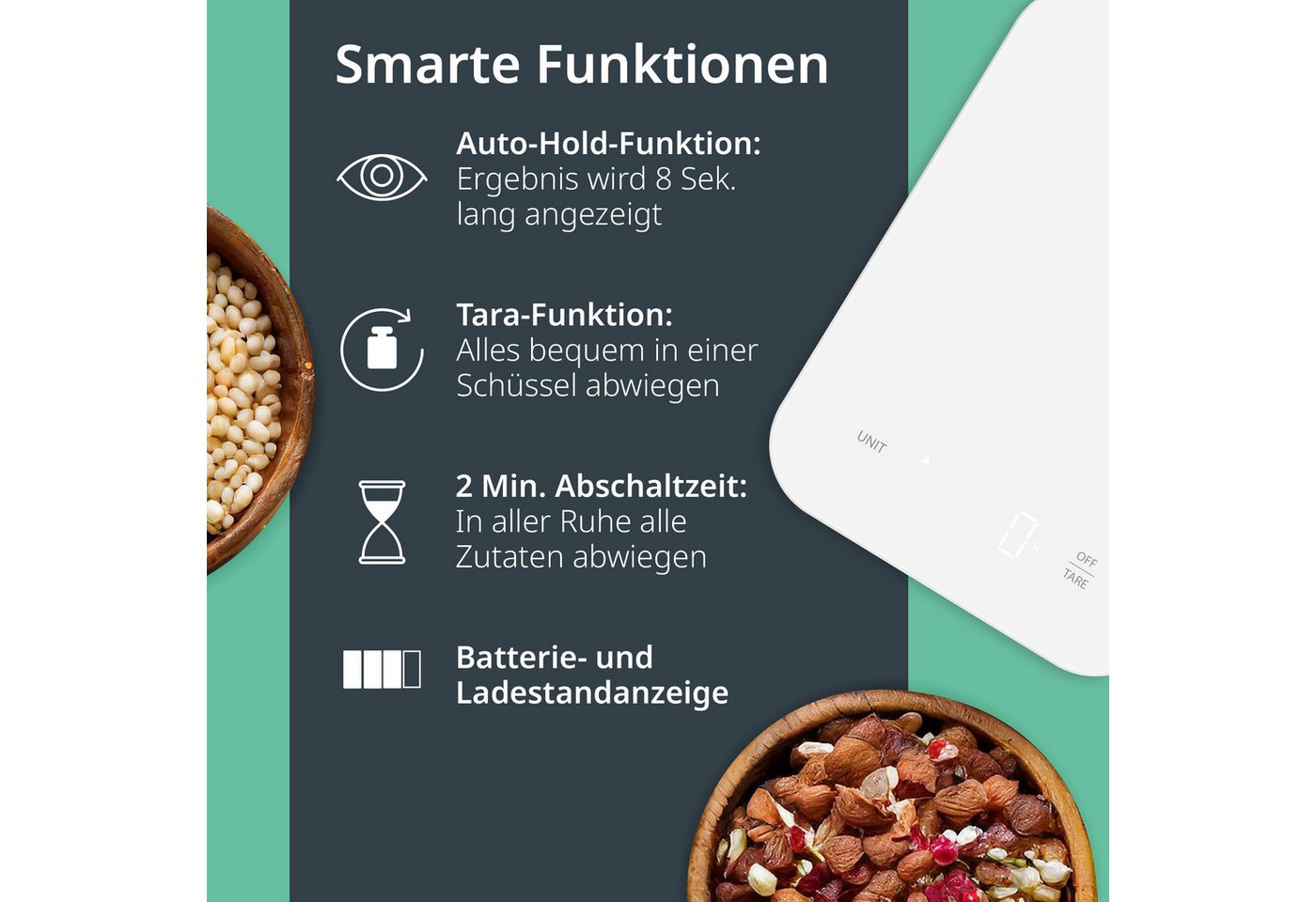 ADE Küchenwaage Digital, aufladbar per USB-C, bis 10 kg auf 1 g genau, aus Glas, Digitalwaage mit Tara-Funktion, beleuchtete Anzeige, in g, ml & oz Bild 2